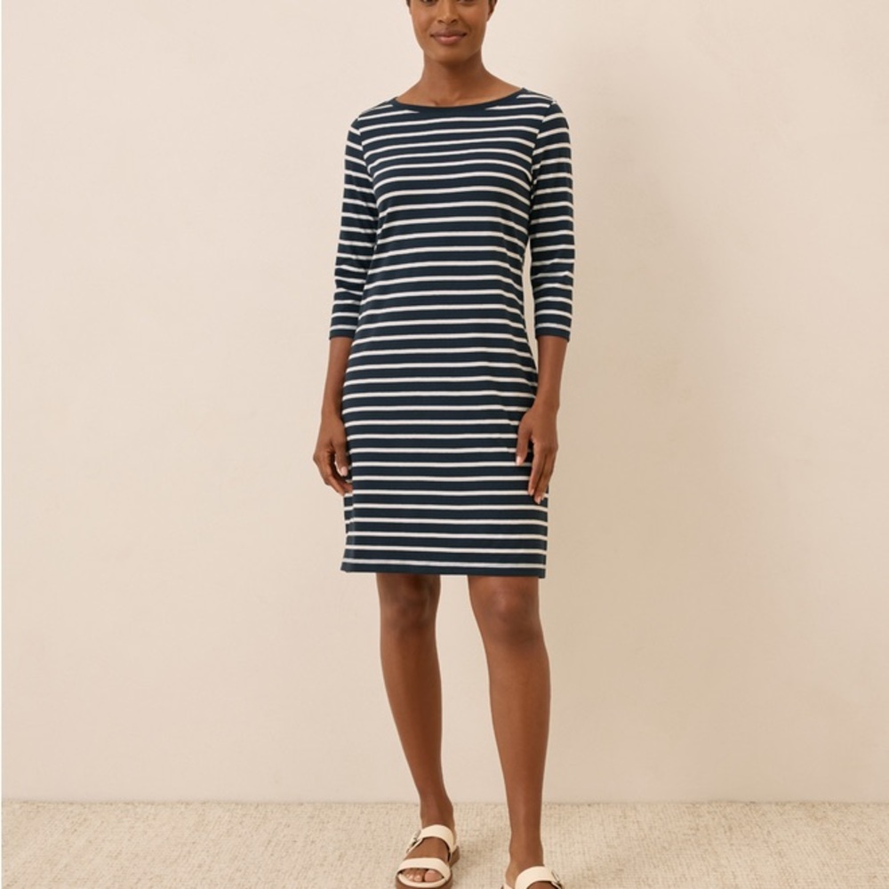 Organic Softspun Boat Neck Dress Navy and White Stripes